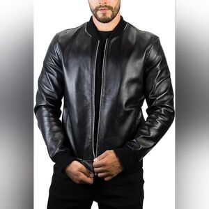 Men's Black Leather Bomber Jacket. Genuine Lambskin Leather.